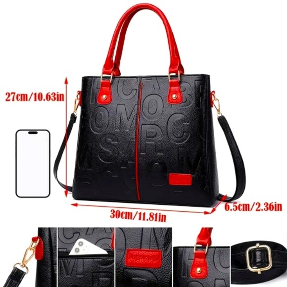 Black/Red Colorblock Geometric Embossed Lettering Crossbody Tote, NWOT - Picture 8 of 12